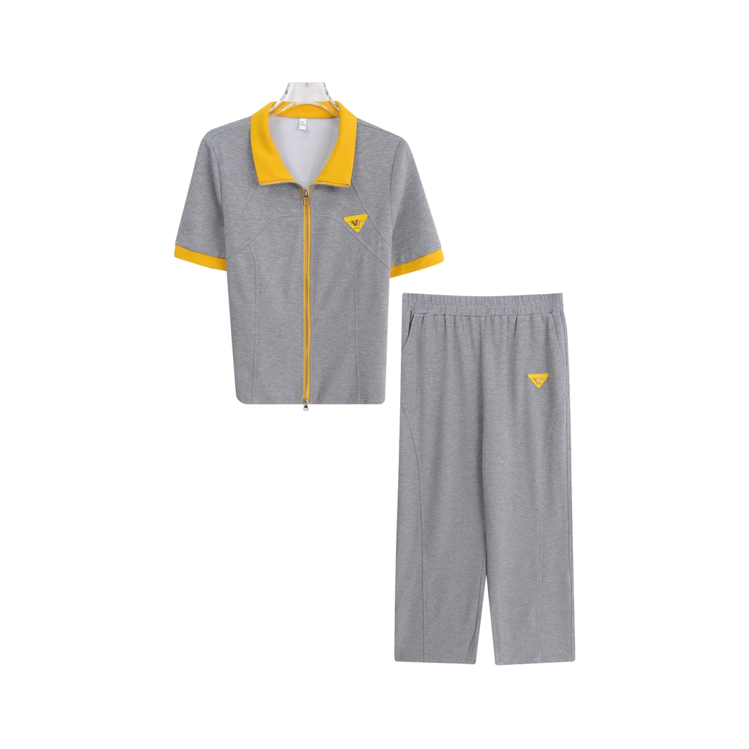 撞色翻领拉链短袖T恤休闲直筒长裤套装A14574