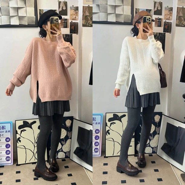 孕妇穿的春冬季软糯毛衣慵懒宽松长袖开叉毛衣