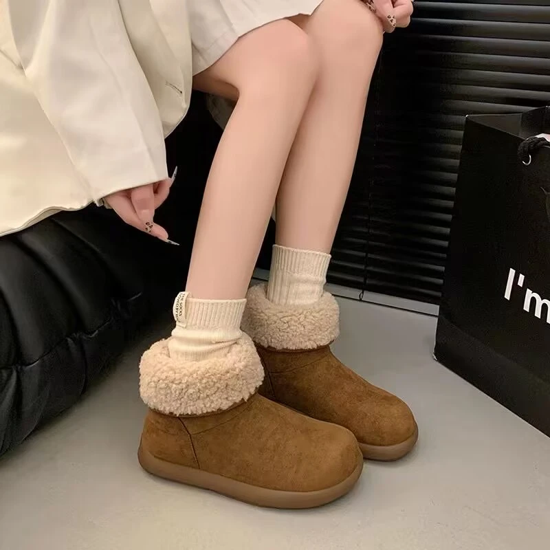 小土豆卷毛毛雪地靴女2024新款冬季皮毛一体大头加绒勃肯鞋短筒靴