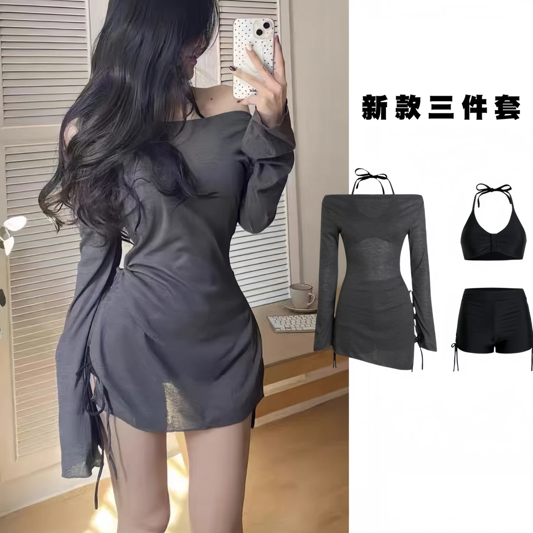 2025新款泳衣女款分体保守三件套遮肚显瘦聚拢防晒泳装高级感灰色