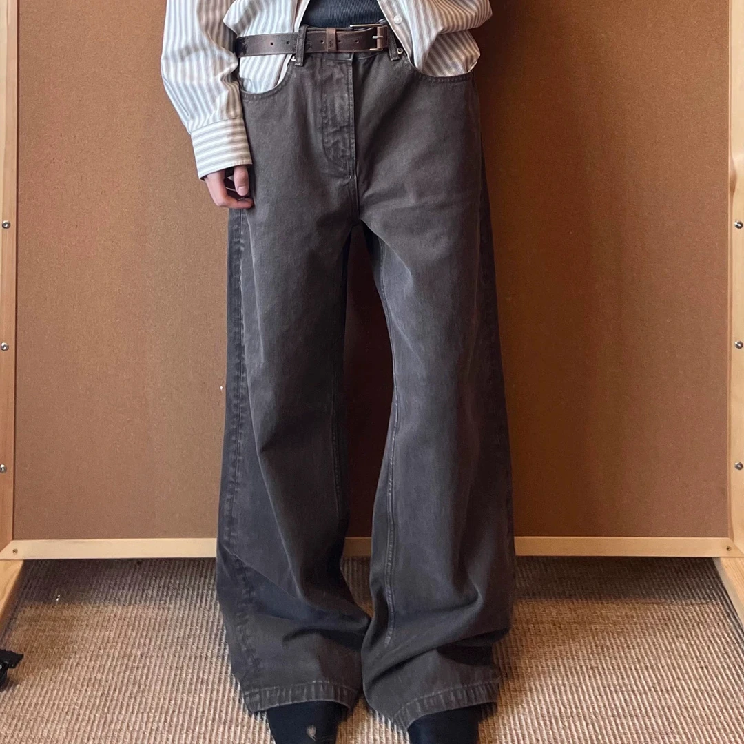 Xanvas巧克力色14.3oz咖啡色成衣染色水洗直筒微喇阔腿A字牛仔裤