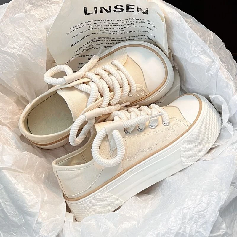 （直播间下单）日系鞋子纯色ins系带厚底注压韩版女简约风帆布鞋