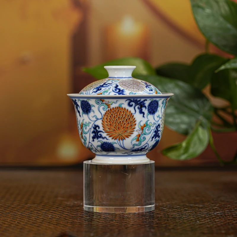 【墨舍名窑】玗琪轩团菊盖碗 yqx335景德镇陶瓷茶具茶道手工手绘