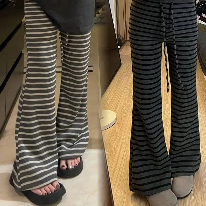 孕妇针织微喇裤子春秋2025新款条纹垂坠感百搭托腹裤微喇休闲裤子