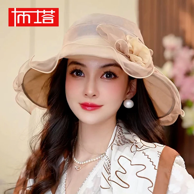 布塔防紫外线遮阳帽女夏季可折叠大檐太阳帽出游度假真丝帽子0744