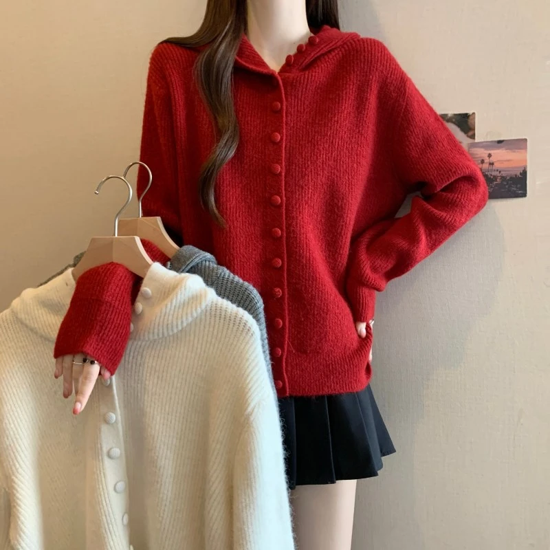 2025年早秋新款大码胖MM连帽纯色简约长袖开衫毛衣针织百搭休闲潮
