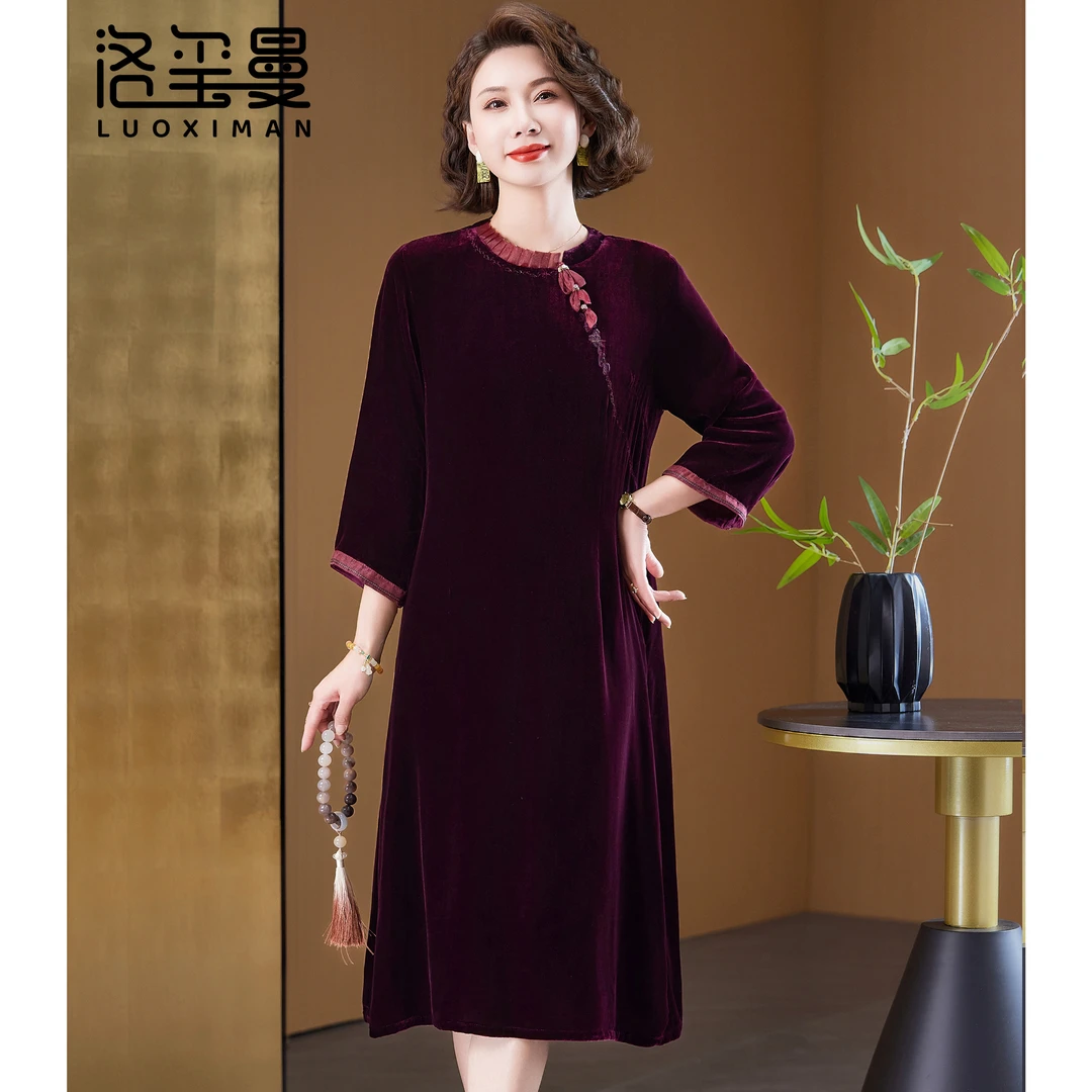 洛玺曼桑蚕丝真丝绒连衣裙中国风春夏连衣裙复古礼服气质婚宴绣花