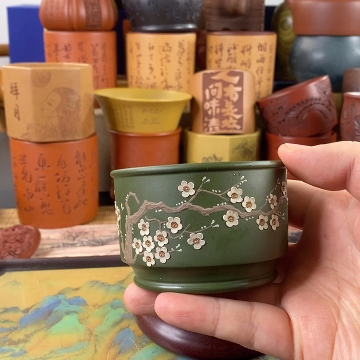 紫砂茶杯过墙梅绿泥主人杯