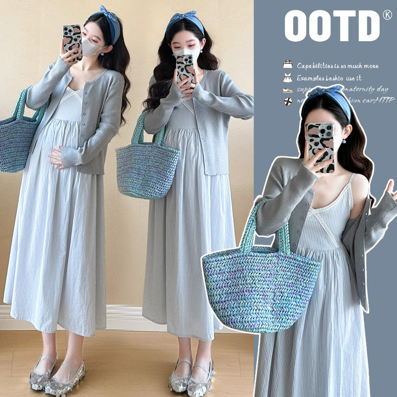 孕妇套装2025春夏季新款法式甜美花边V领吊带连衣裙针织长袖开衫