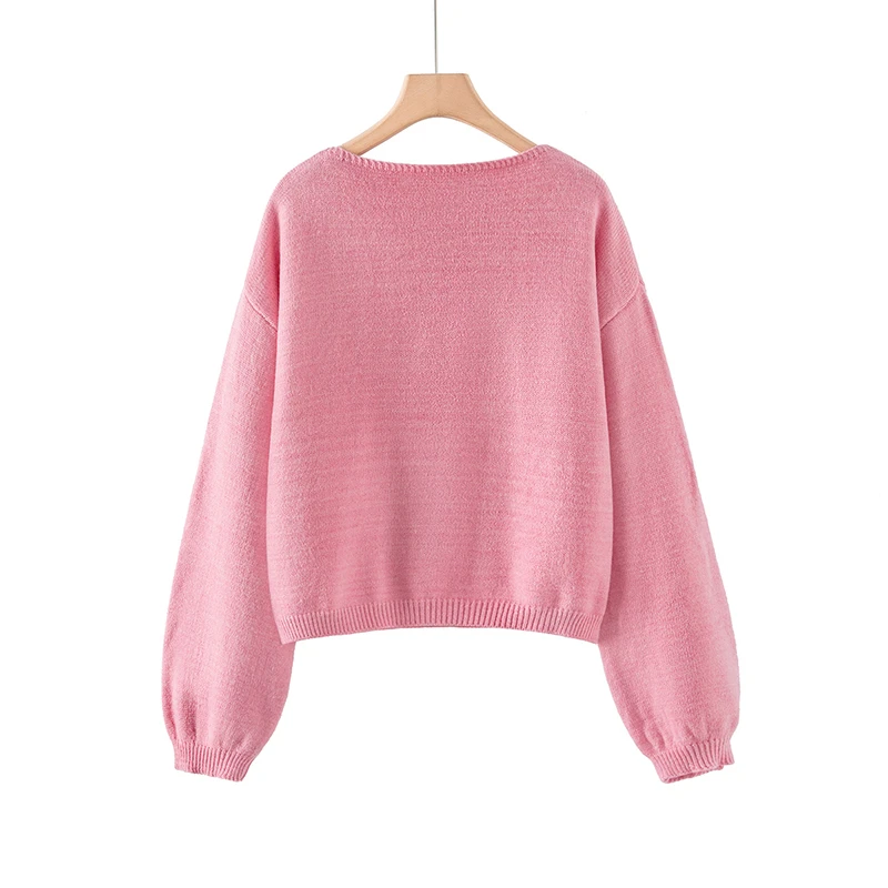 她池2025冬装新款女装圆领灯笼袖宽松短款套头简约毛衣T43X4846M