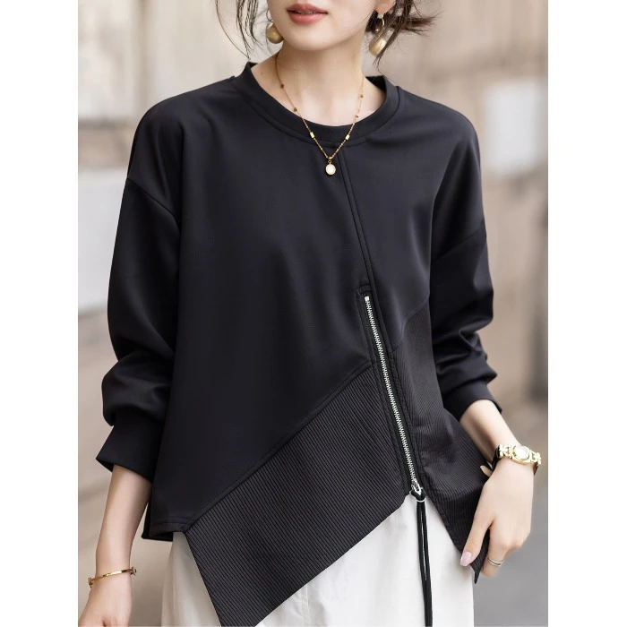 春秋百搭女装不规则设计感拉链长袖卫衣女