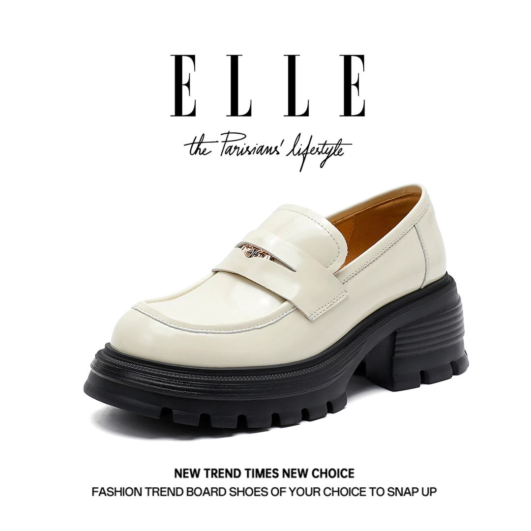 ELLE白色复古厚底乐福鞋女2025爆款增高松糕鞋单鞋真皮法式小皮鞋