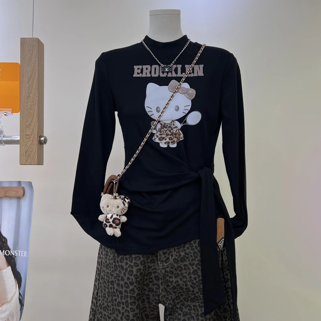 美式复古卡通HelloKitty印花长袖女冬季加绒加厚新款修身显瘦上衣