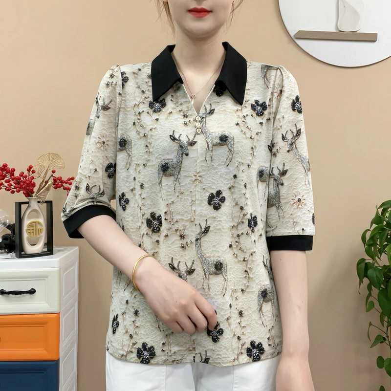 2025新款翻领休闲风时尚中老年女装显瘦夏季中袖t恤气质百搭