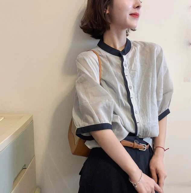 27732韩代撞色衬衫娃娃衫8926衣长58