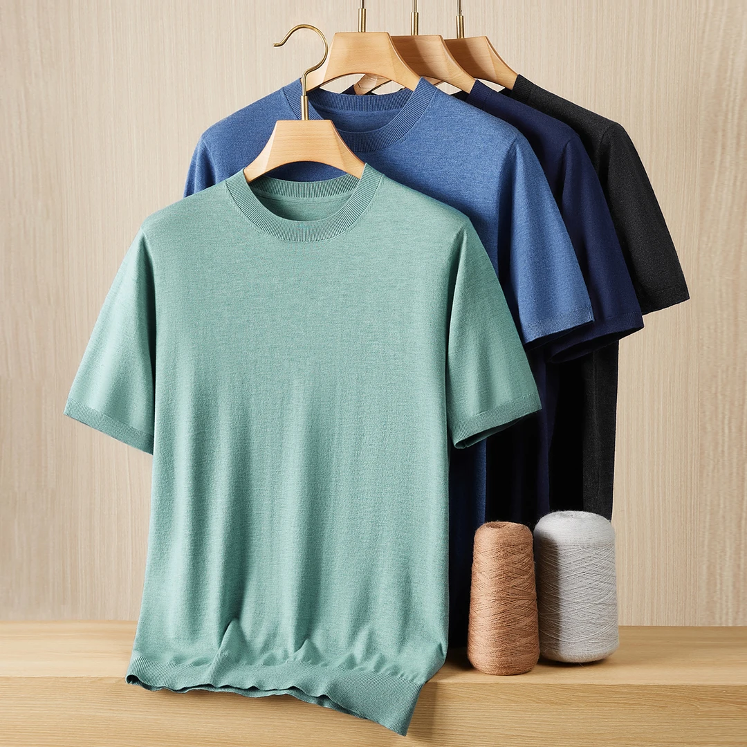 胖子圆领短袖毛衣男春秋薄款加肥加大码含羊毛男士纯色打底针织衫