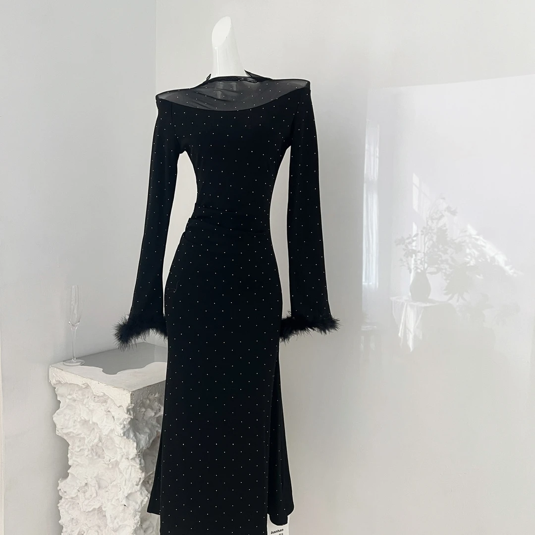 轻奢烫钻高级感半高领网纱修身鱼尾长裙