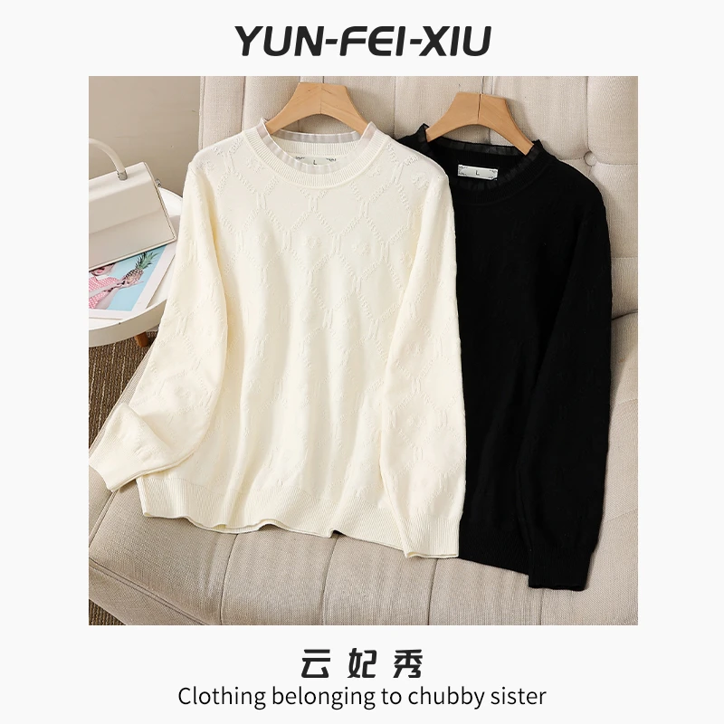 云妃秀大码女装针织衫时尚休闲微胖宽松显瘦蕾丝圆领纯色春22107