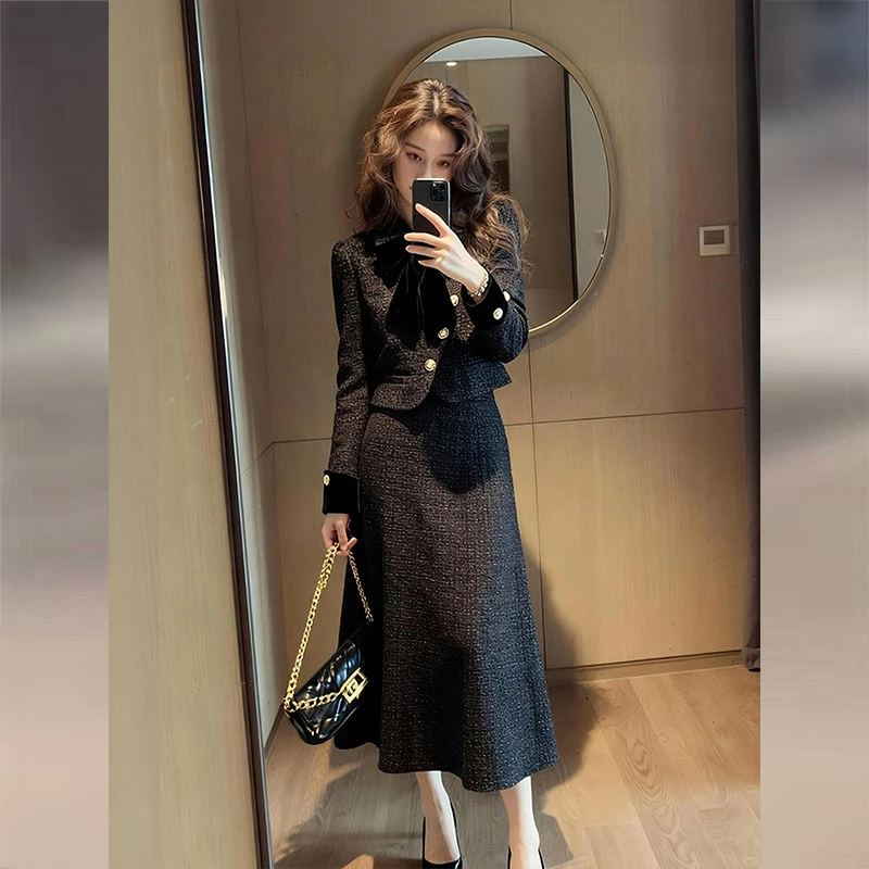 黑色小香风套装女2025秋冬新款法式通勤穿搭西装外套半身裙两件套