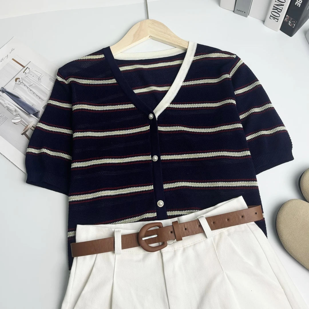 玲姐定制-V领撞色领边条纹款假开衫薄款微透针织短袖89623