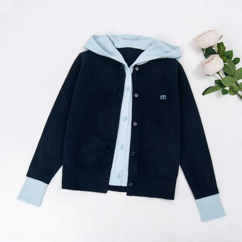 2327女童针织开衫2025秋季新款中大童百搭洋气连帽假两件毛衣女童