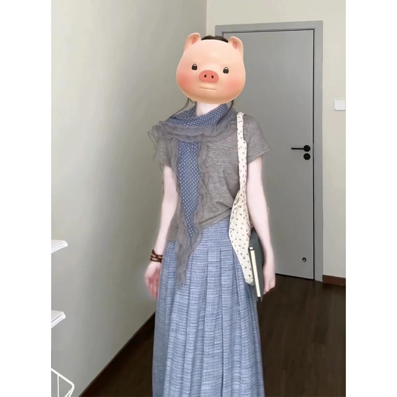 2025夏季新款女法式气质圆领修身短袖上衣高腰显瘦格纹百褶半身裙