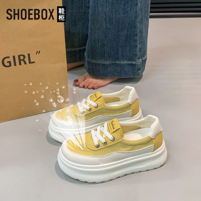 SHOEBOX鞋柜厚底小白鞋女2025新款春夏镂空透气休闲黄色阿甘鞋