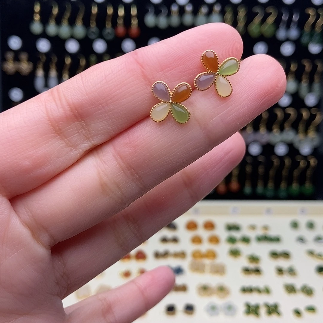 和田玉银S925镀金镶嵌耳饰