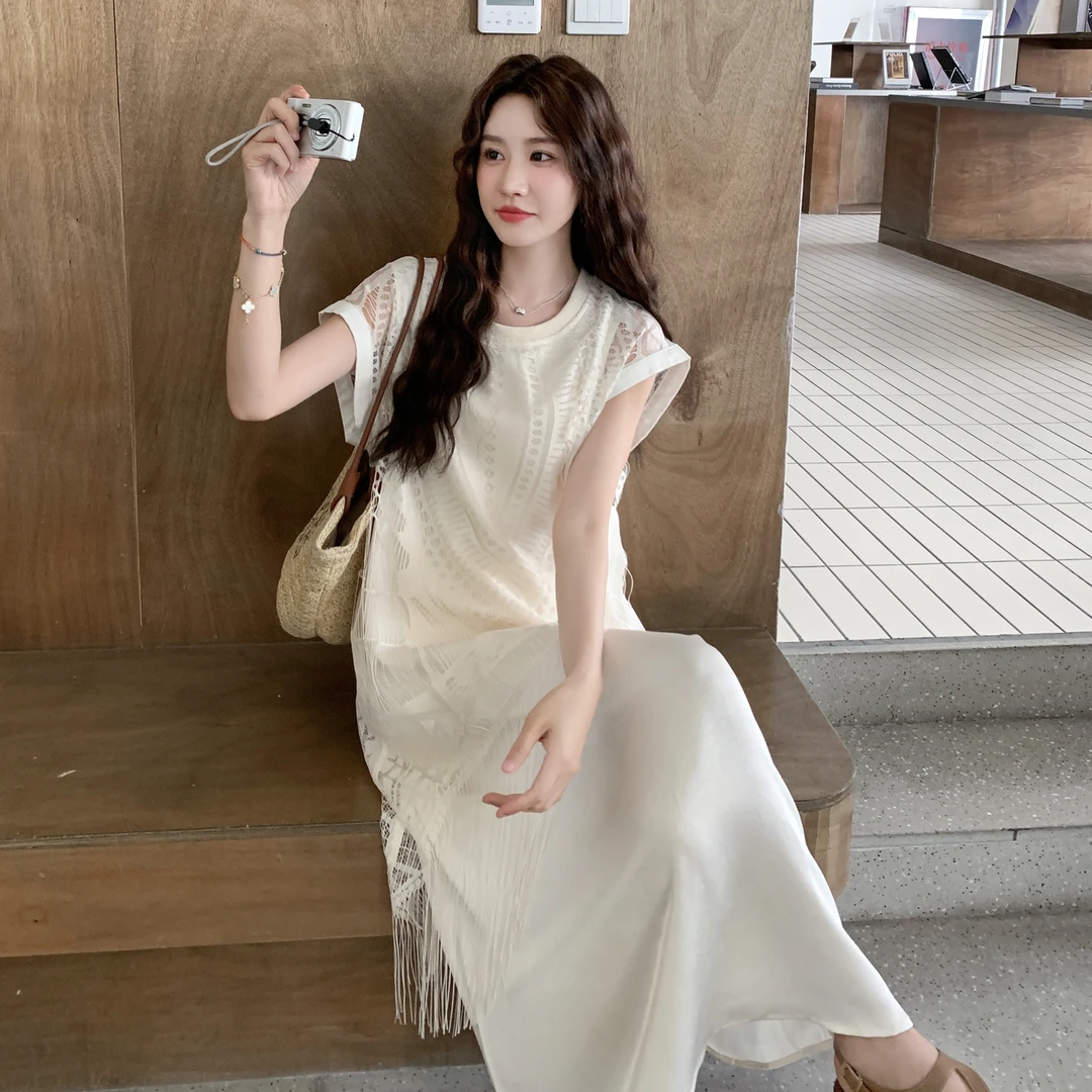 女装夏季新款名媛风时尚流苏遮肚显瘦中长款宽松连衣裙