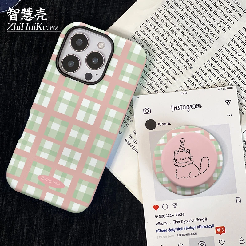 绿粉格子支架菲林壳适用苹果16promax手机壳小米14华为mate60