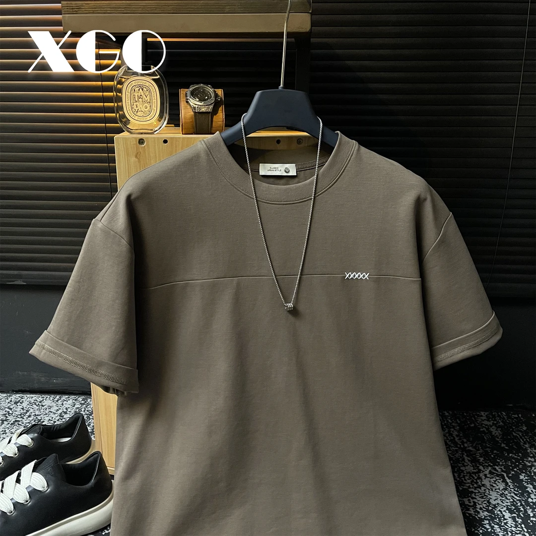 【XGORAD】夏季潮牌拼接明线设计休闲百搭冰感棉落肩圆领短袖T恤男