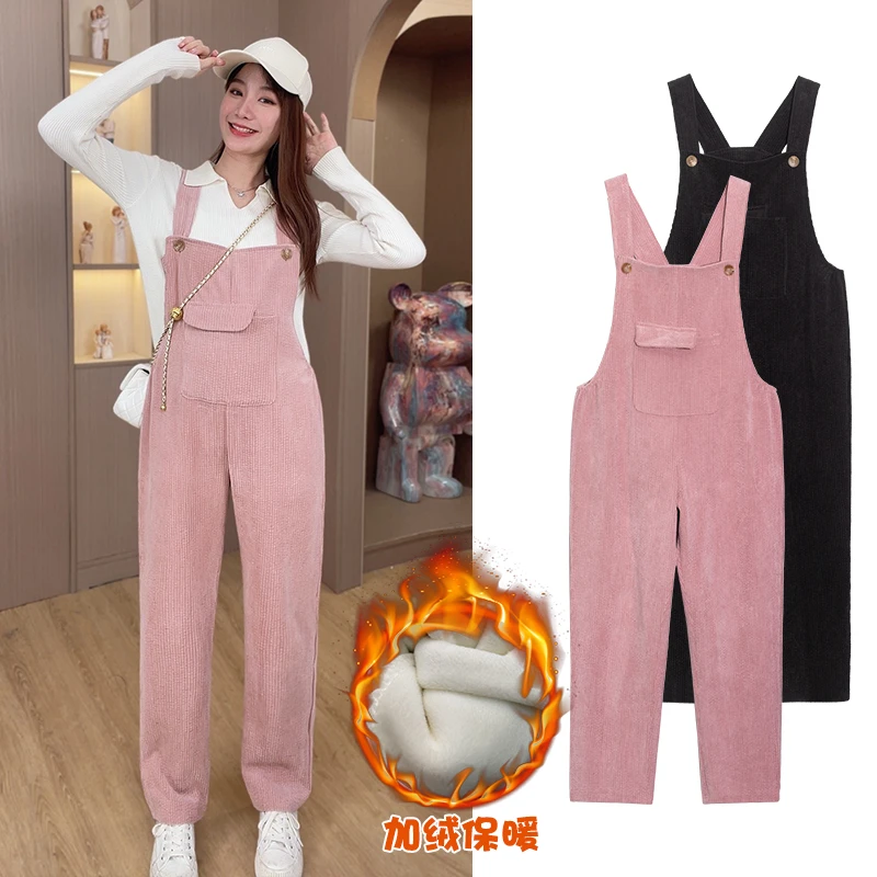 秋冬季孕妇装外穿翻领针织长袖宽松背带裤不规则口袋长款孕妇裤