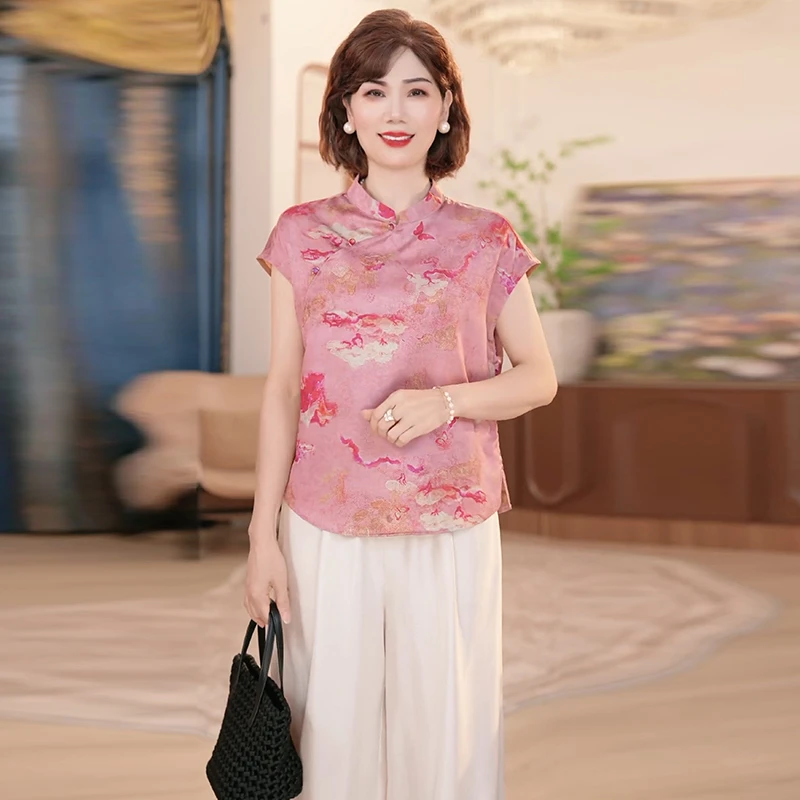 新中式国风衬衫 2025夏季新款妈妈装时尚气质百搭立领衬衣两件套