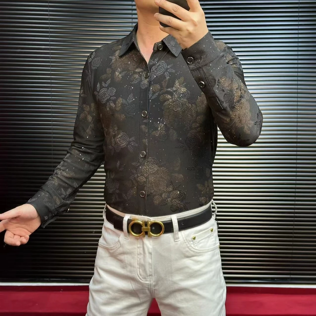 FLD欧弹力免烫冰丝字绣花长袖百搭潮男女休闲网红衬衫5579