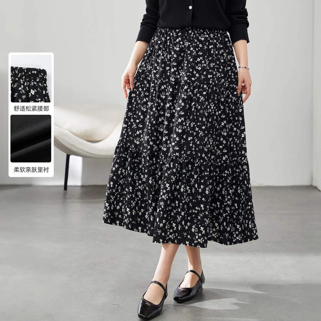 【茶歇风垂感小碎花印花松紧腰半身裙】纤莉秀大码女装裙子QK0025