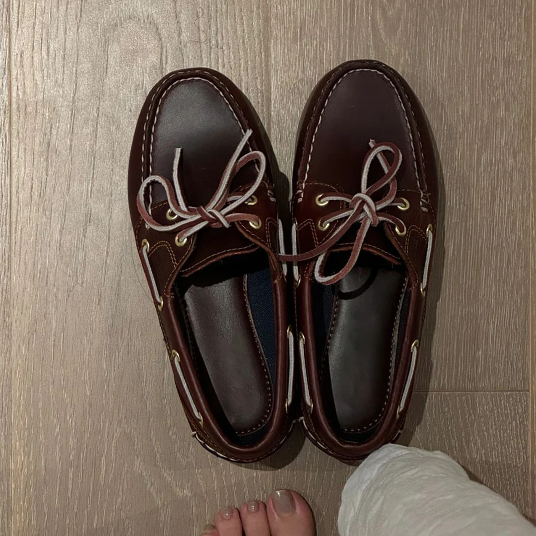 超软~复古英伦美式系带乐福鞋圆头一脚蹬平底单鞋做旧小皮鞋女