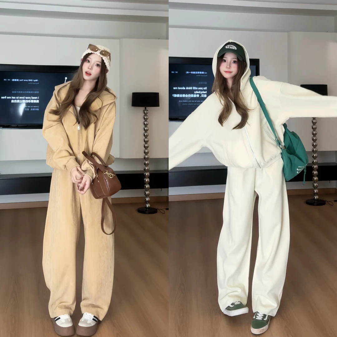 【慌慌】秋冬连帽加厚运动复古美式宽松男女情侣外套装C8099+（-1）