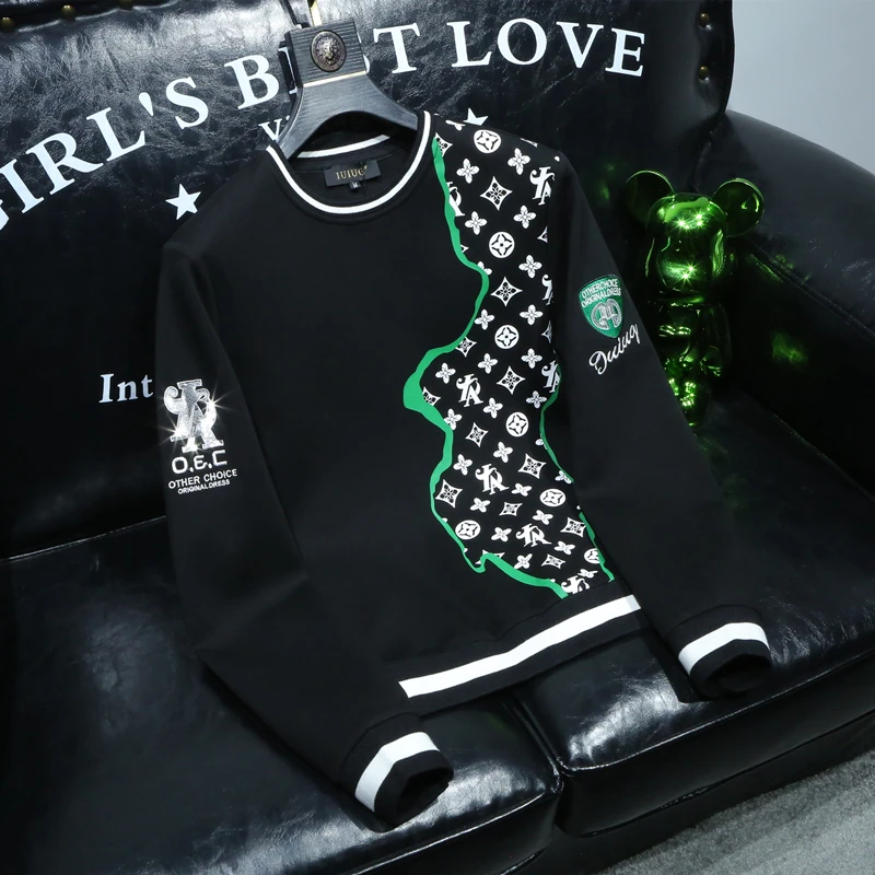 希敦纽勒欧货秋季套头卫衣男士潮牌印花刺绣圆领内搭修身打底衫