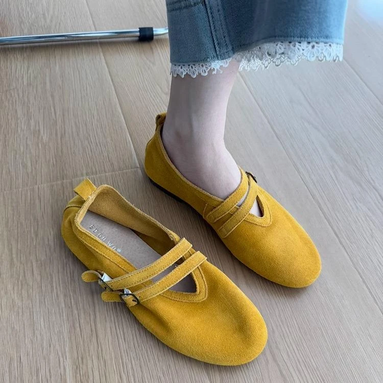 氛围感~皮黄色玛丽珍鞋女款2025春夏复古超火浅口豆豆奶奶单鞋