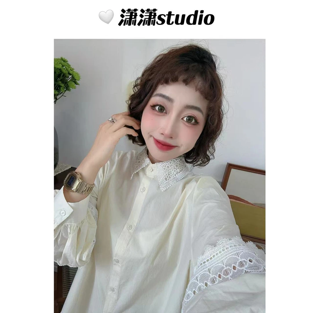 【拼接蕾丝衬衣】潇潇自制面料超好正肩拼接蕾丝韩系百搭衬衣XM1091