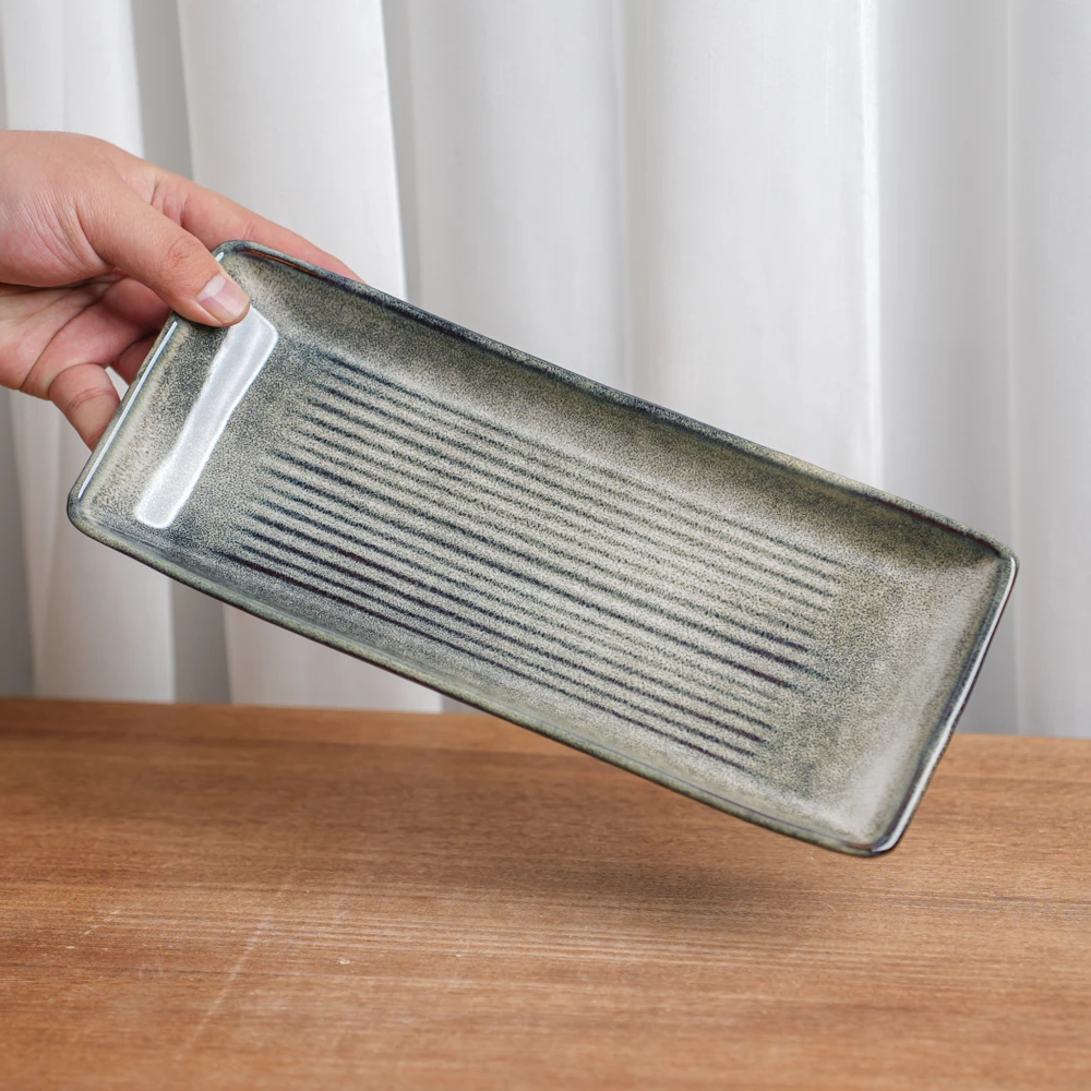 【瑕疵】釉下彩陶瓷盘子窑变灰条纹方形鱼盘寿司盘家用高级感