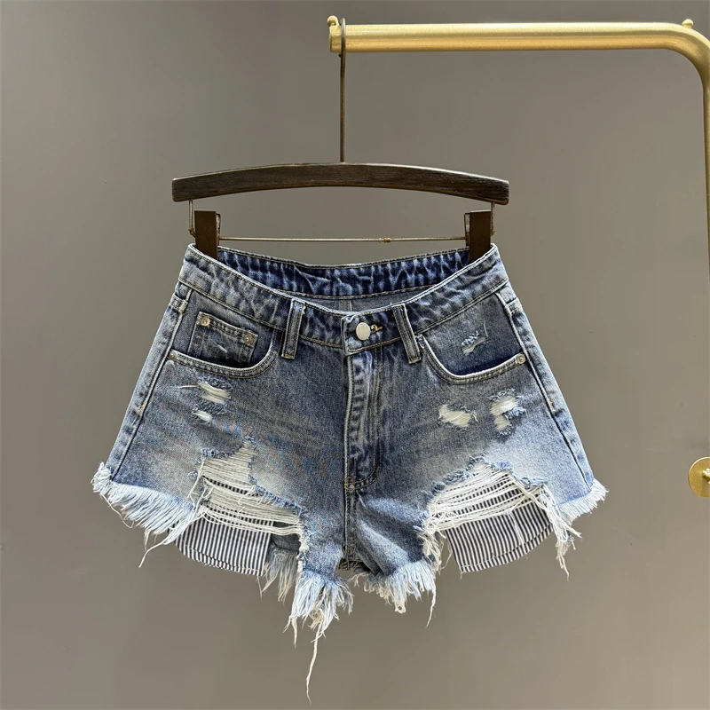 ins时髦辣妹高腰牛仔短裤女夏装新款假破洞宽松毛边a字阔腿裤热裤