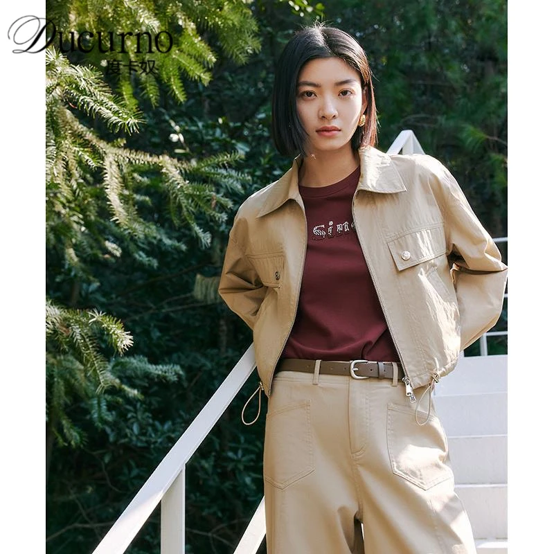 时尚卡其色短外套女2025年秋季新款文艺翻领抽绳设计感休闲 上衣