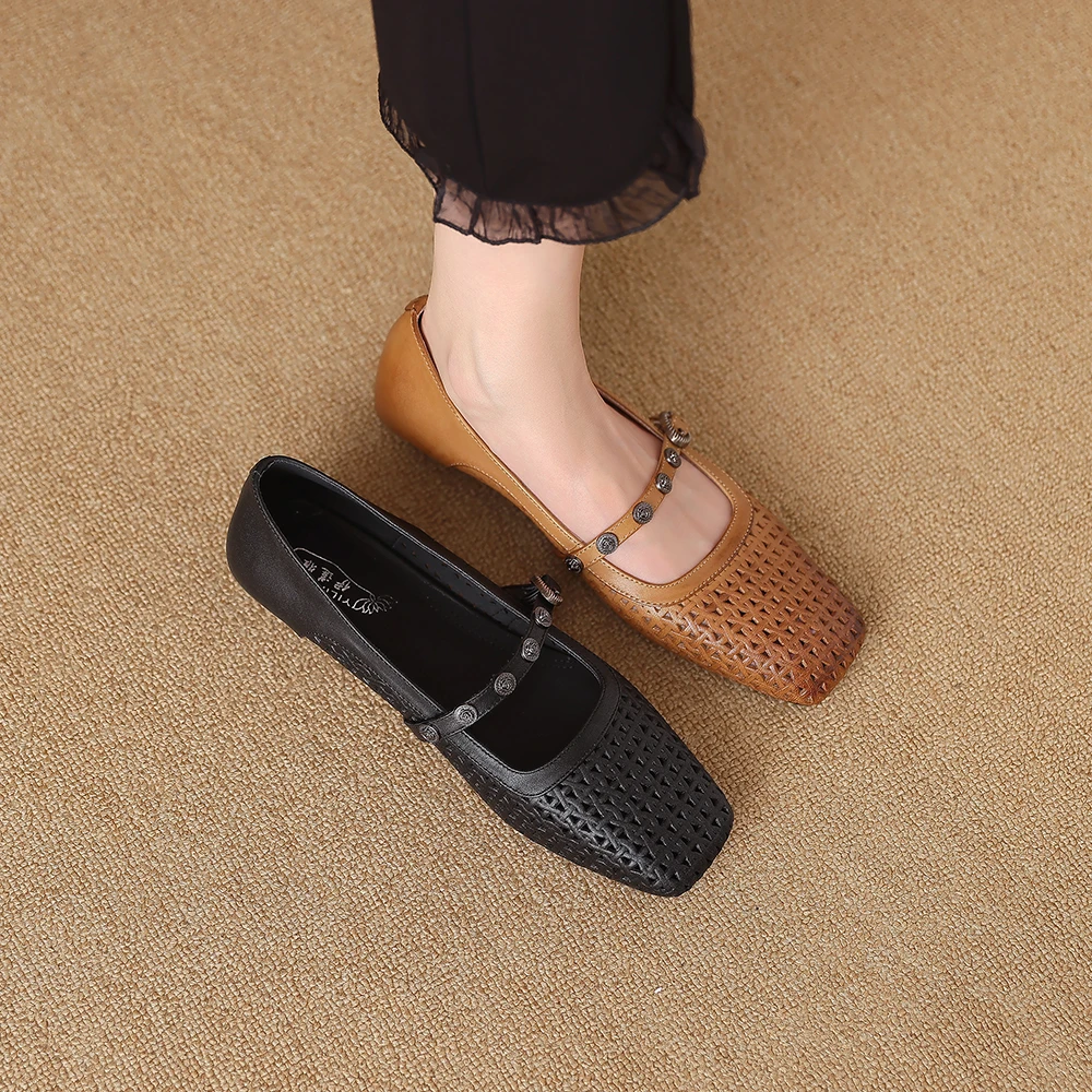 1935-6真皮镂空单鞋女2025夏季粗跟中跟鞋方头一字带大码女鞋复古