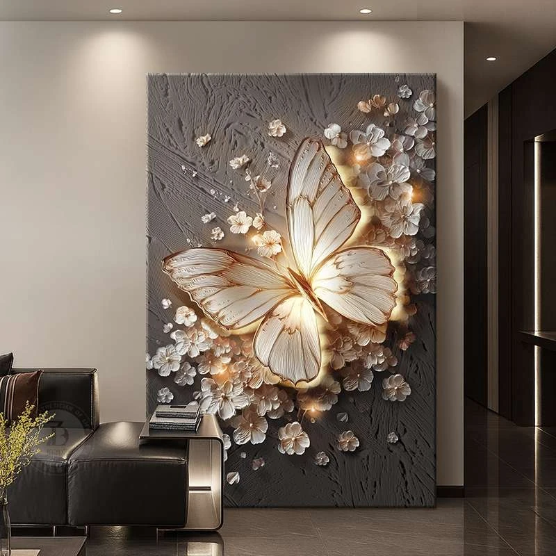 高级感客厅落地装饰画浮雕立体肌理感沙发背景墙壁画蝴蝶玄关挂画