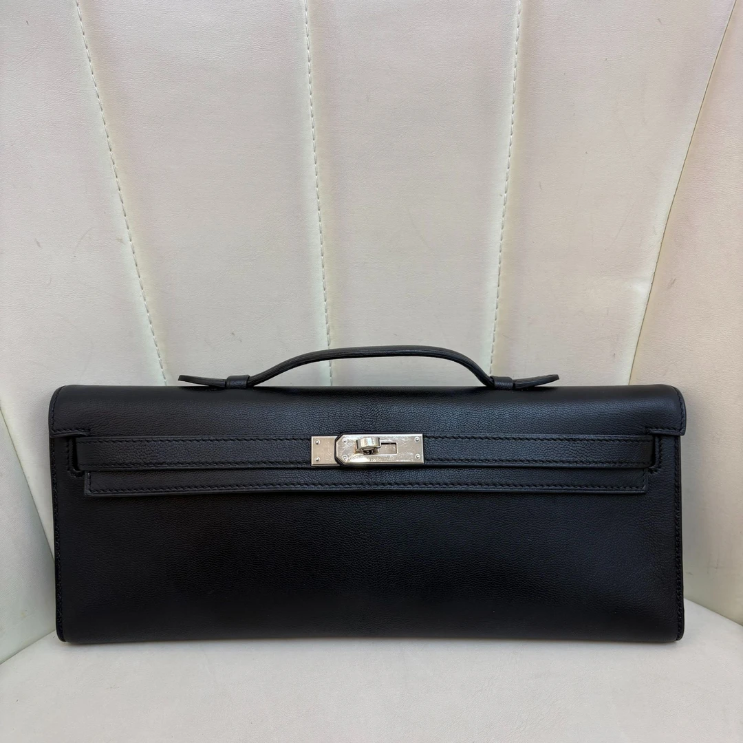 99新 Hermes/爱马仕 kellycut手拿包黑银evergrain皮框O刻