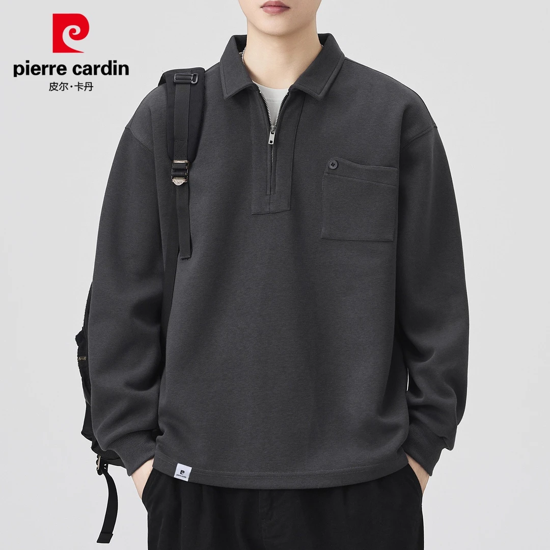 皮尔卡丹半拉链长袖卫衣男士秋季新款简约休闲翻领慵懒风上衣男装