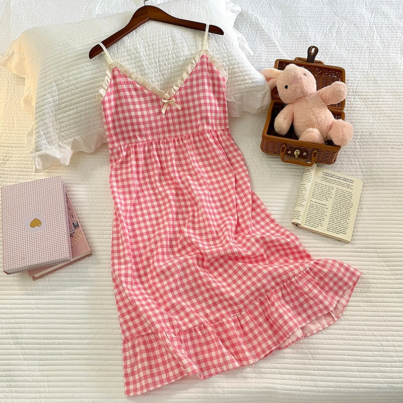 夏季新款爆款宽松休闲居家红色格子舒适田园风吊带睡裙睡衣家居服