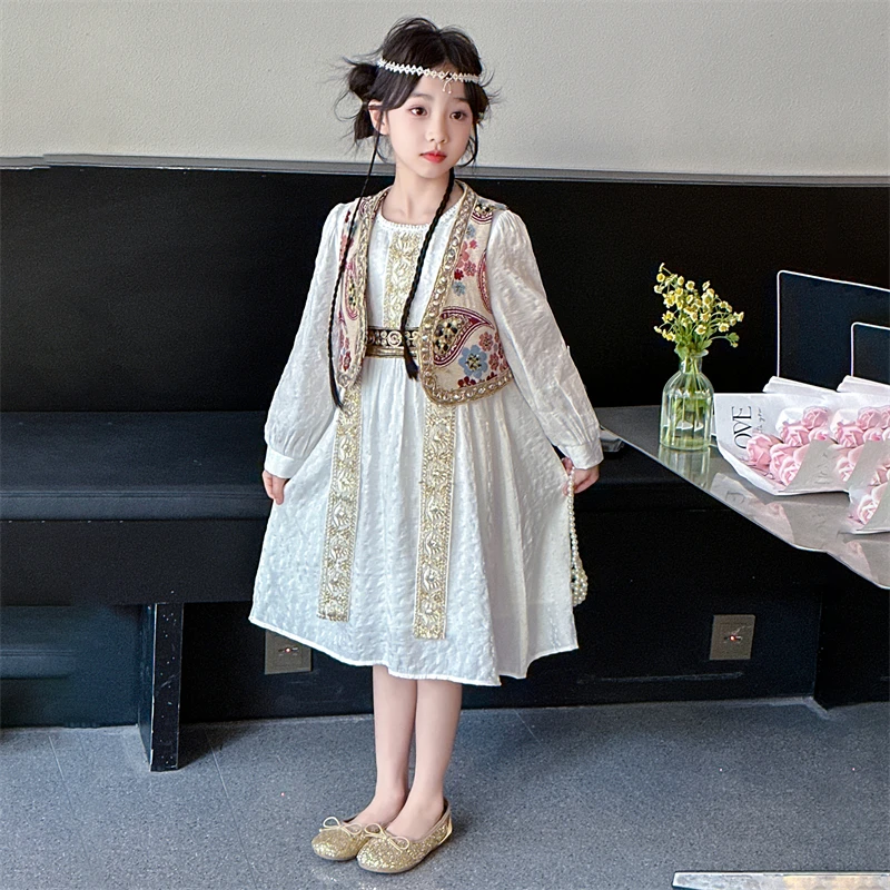 女童连衣裙儿童民族服装新疆异域风情西域白色公主裙草原女童裙子