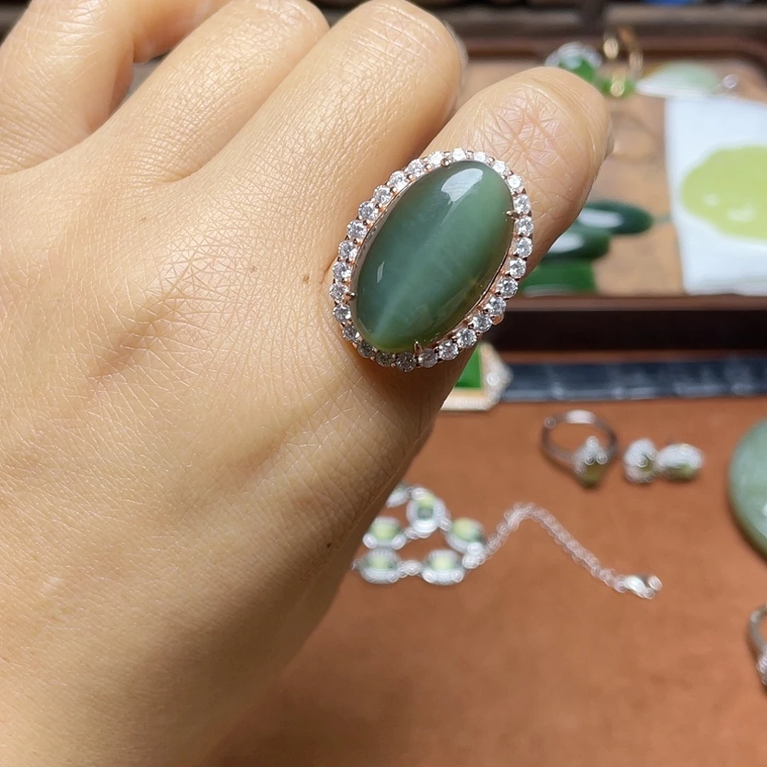 和田玉（碧玉）银S925镶嵌吊坠(不含链)戒指